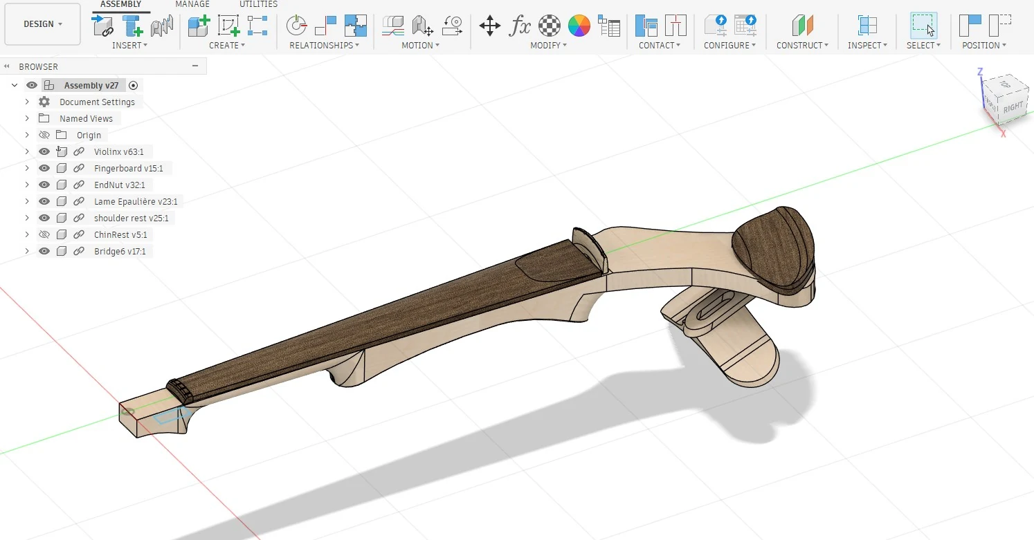 Autodesk Fusion screenshot showing the computer-aided design of the Koton electric violin