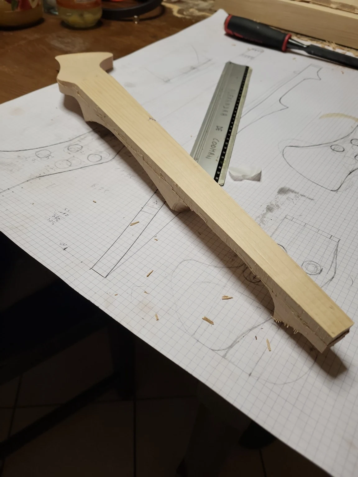 Side view of the semi-finished Koton violin body before final shaping